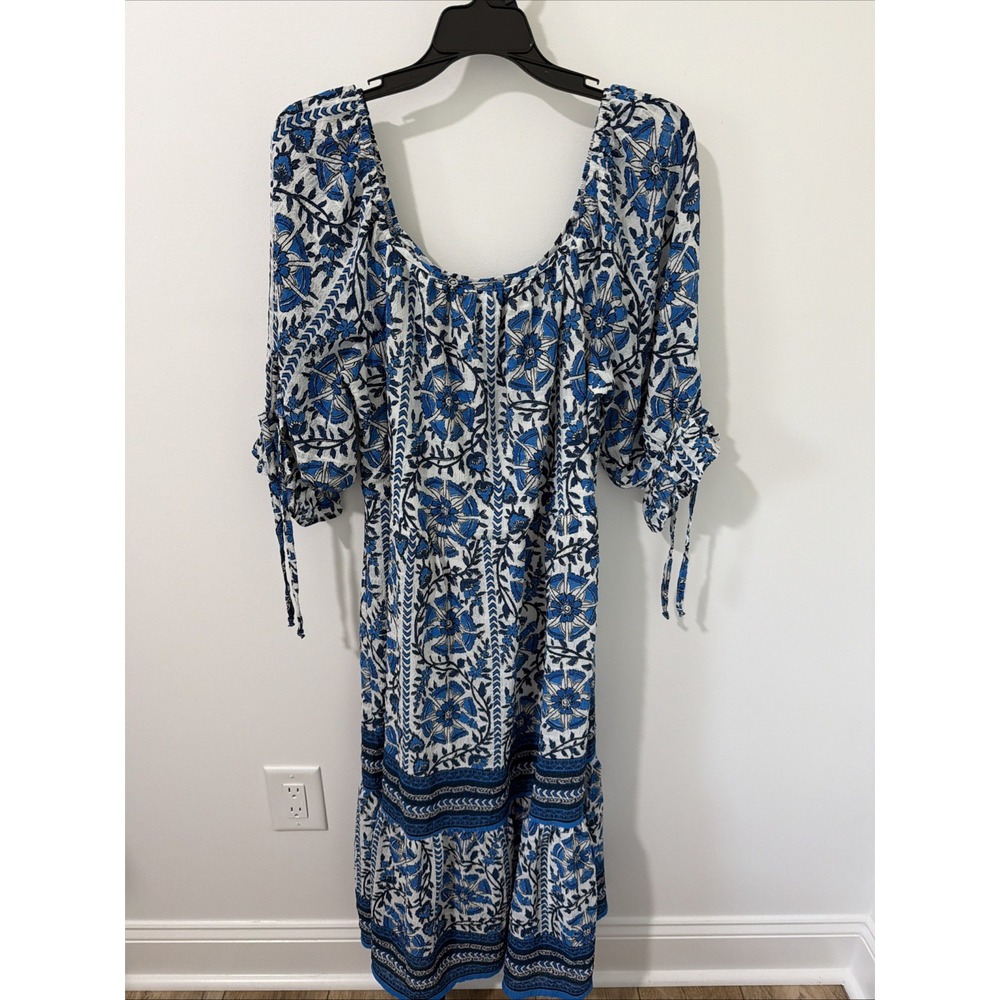 Figueroa & Flower Peasant Midi Dress Women Large Blue Floral Boho Tiered